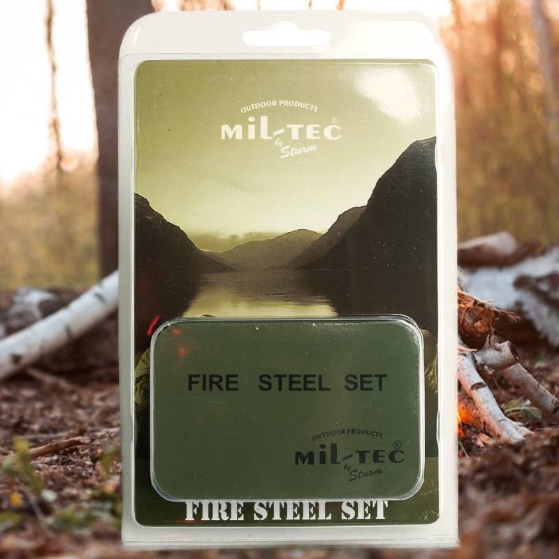 MILTEC Feuerstahl Set mit Behälter Feuerstarter